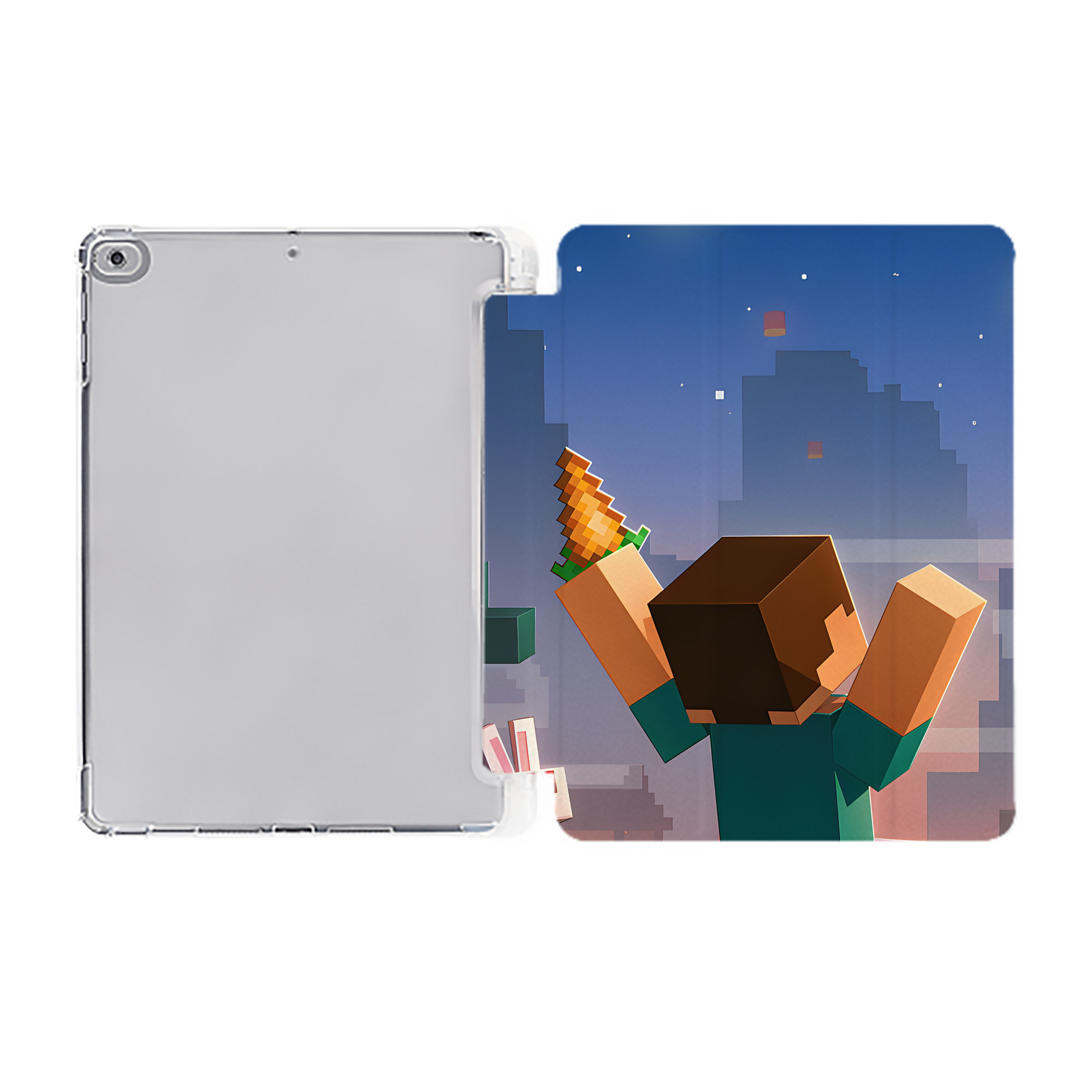 （画像用） マインクラフト ブロックの世界 Minecraft MC Block world IPad ケース ペン収納付き 三つ折りスタンド PUレザー×シリコン 対応機種9.5/10.5/10.9インチ